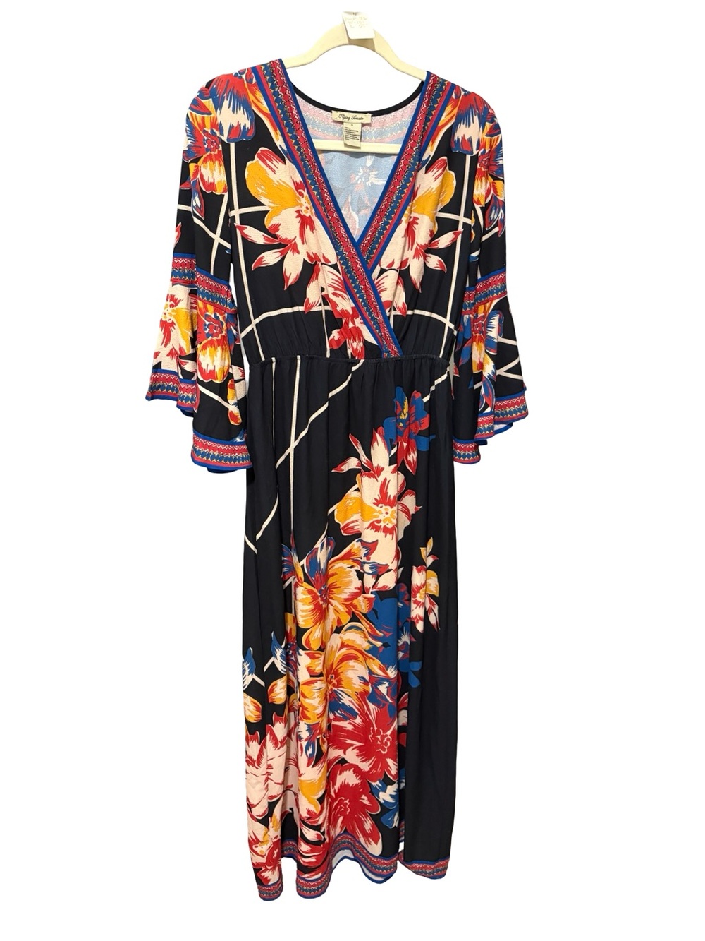 Flying Tomato Black Multi Floral Bell Sleeve V-Neck Maxi Dress Size S
